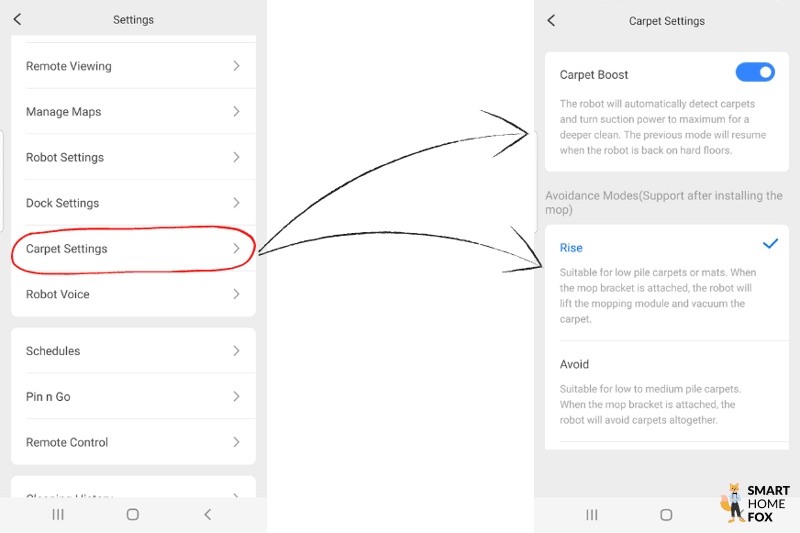 Einstellungen für den Umgang mit Teppichen werden in der Roborock S7 MaxV App getroffen